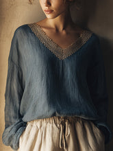 Chemise en lin à patchwork en dentelle vintage pour femmes